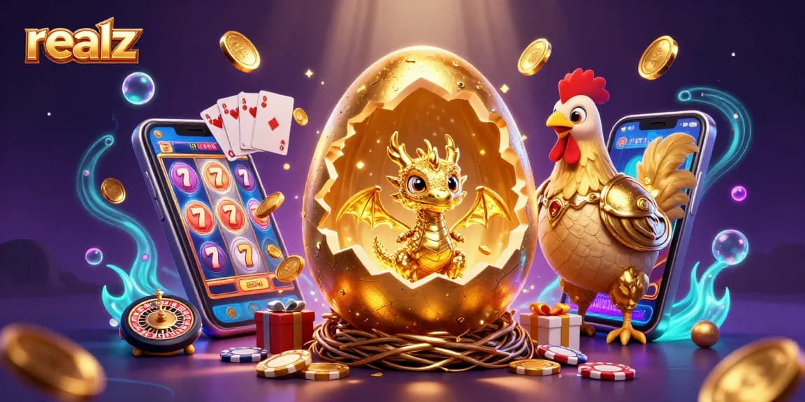 Das Bild zeigt realz, einen goldenen Drachen und Glücksspiel-Elemente in einem Casino-Szenario, das Spannung vermittelt.
