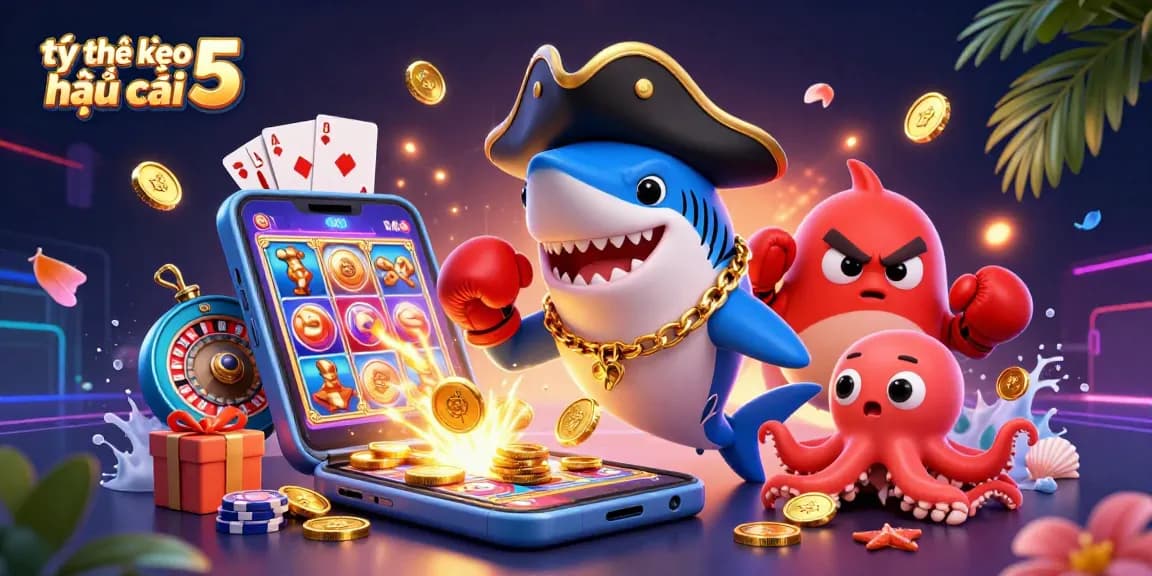 Engage with tỷ lệ kèo nhà cái 5 in this vibrant scene of animated gambling elements.