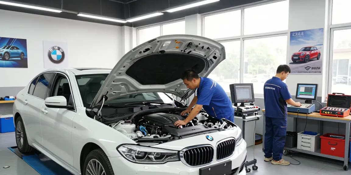 Professionelle Mechaniker beim BMW Steuerkette wechseln in einer Werkstatt.