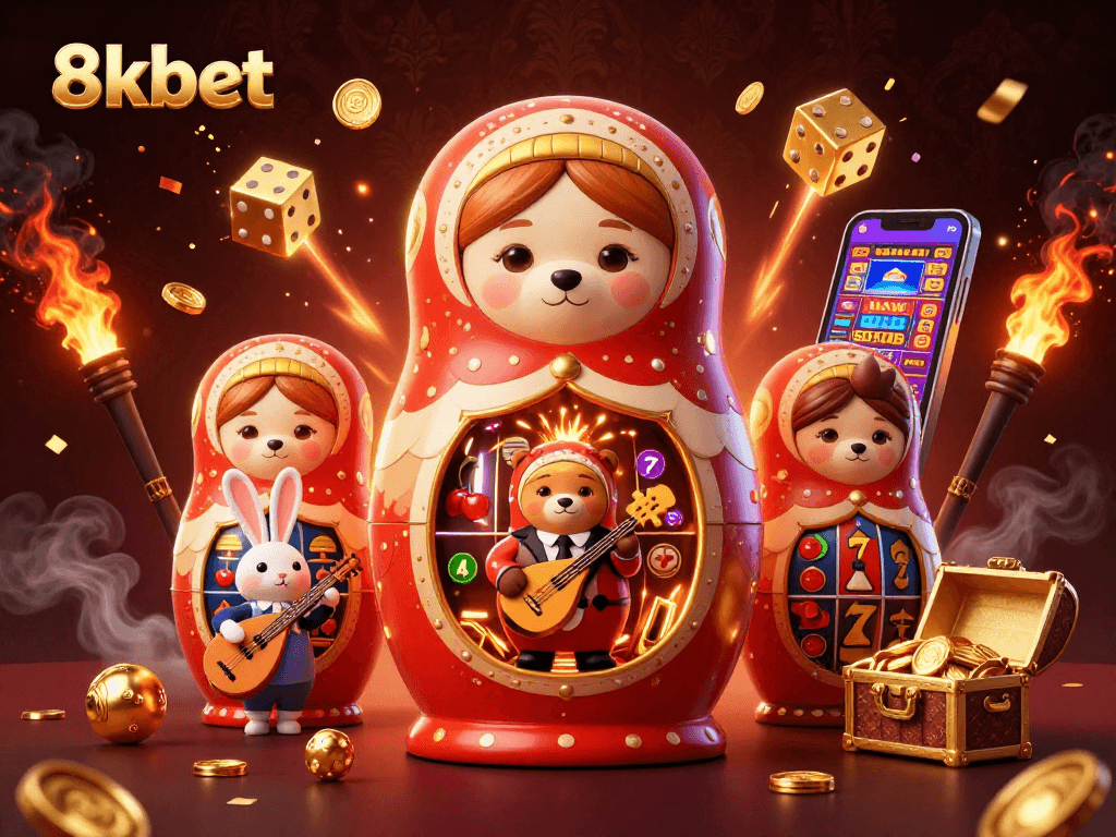 Engage in exciting gaming with 8xbet featuring a lively 3D cartoon scene of a charming casino.