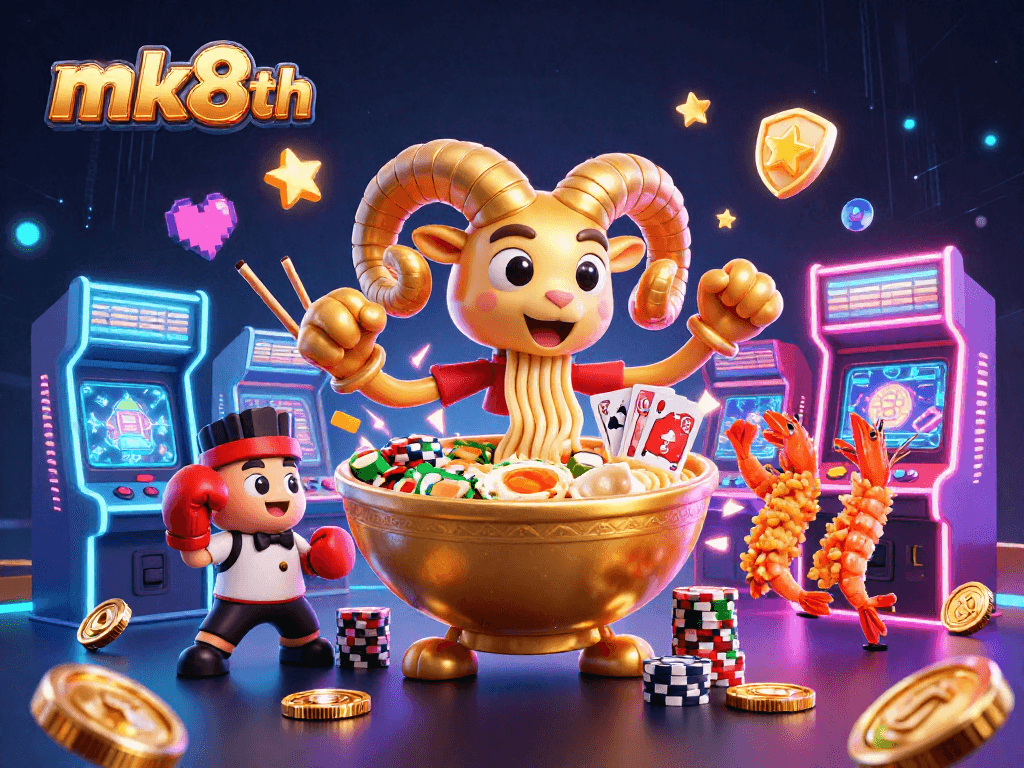 Engage in thrilling gameplay with mk8th as a giant ramen bowl deals cards amidst vibrant gaming elements.