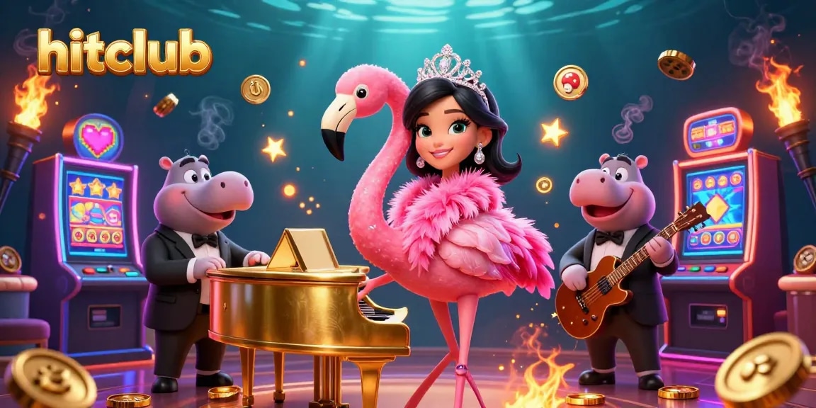 Experience vibrant gaming action at hitclub with a colorful 3D casino scene featuring lively characters and slot machines.