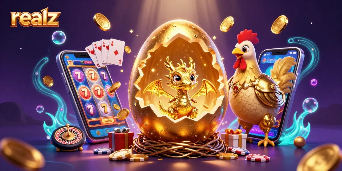 Das Bild zeigt realz, einen goldenen Drachen und Glücksspiel-Elemente in einem Casino-Szenario, das Spannung vermittelt.