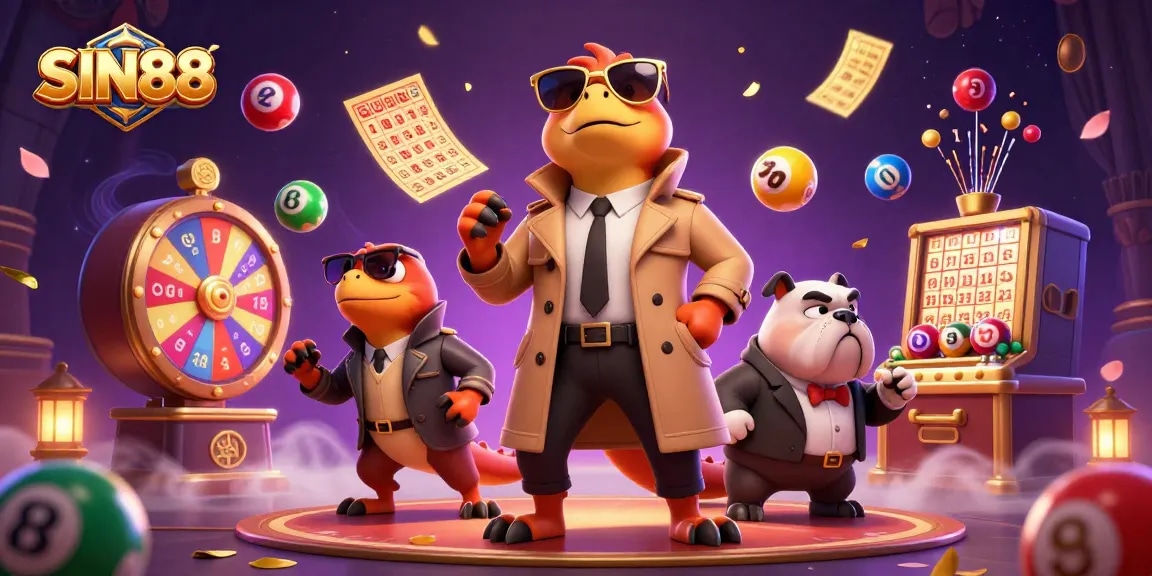 SIN88 engages players in a lively casino scene with cartoon raptors and vibrant gaming elements.