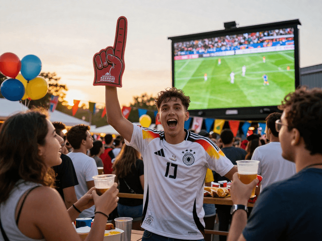 Fußball WM Wettanbieter beim Public Viewing mit Fans, die ein Spiel feiern.