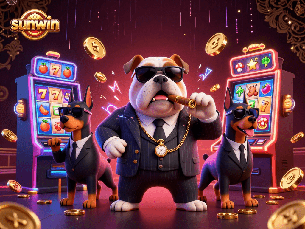Spin the reels and win with sunwin in this vibrant 3D casino scene featuring slot machines.