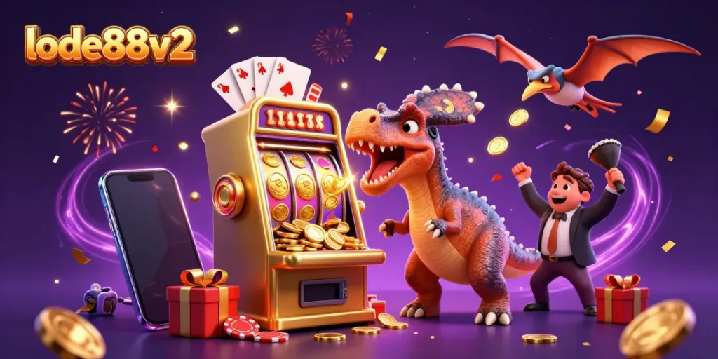 Engage with lode88v2 as a pachycephalosaurus wins a jackpot from a golden slot machine, amidst a vibrant casino scene.