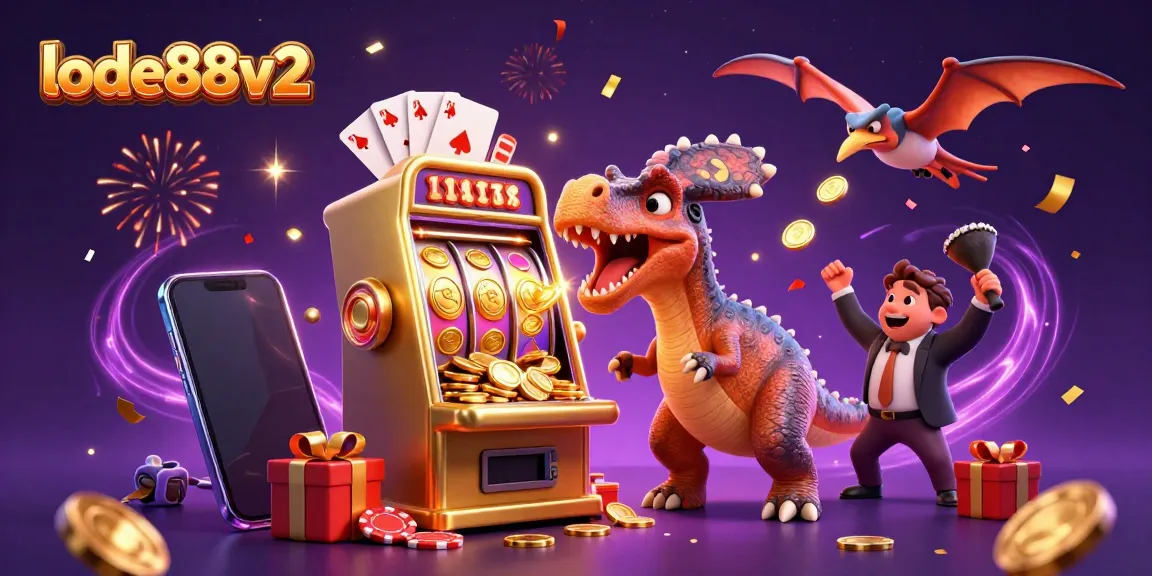 Engage with lode88v2 as a pachycephalosaurus wins a jackpot from a golden slot machine, amidst a vibrant casino scene.