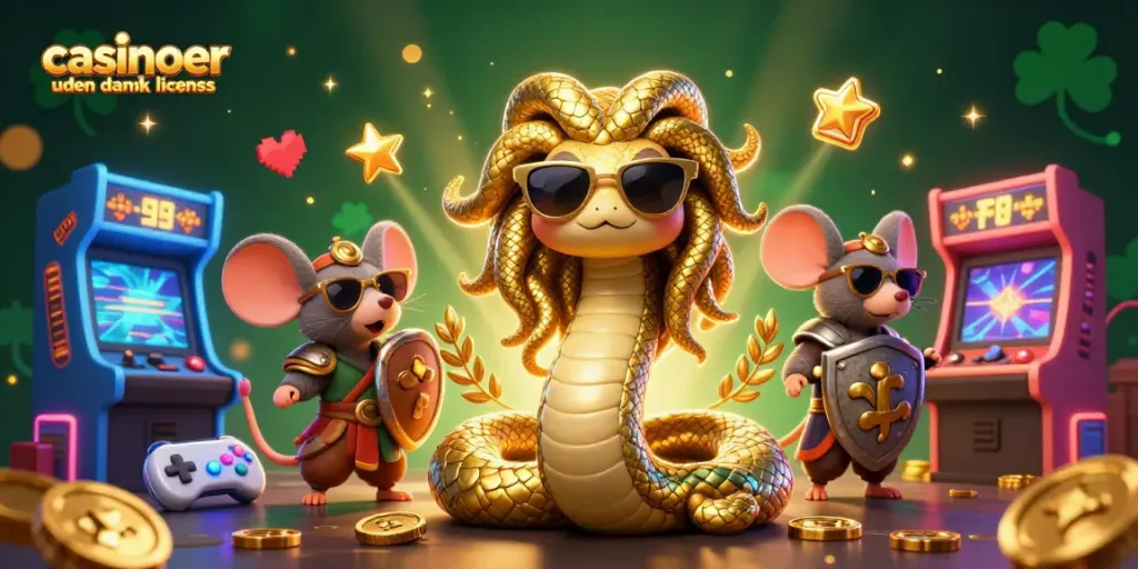 Spin the reels at casinoer uden dansk licens with Medusa and a warrior mouse amidst arcade games.