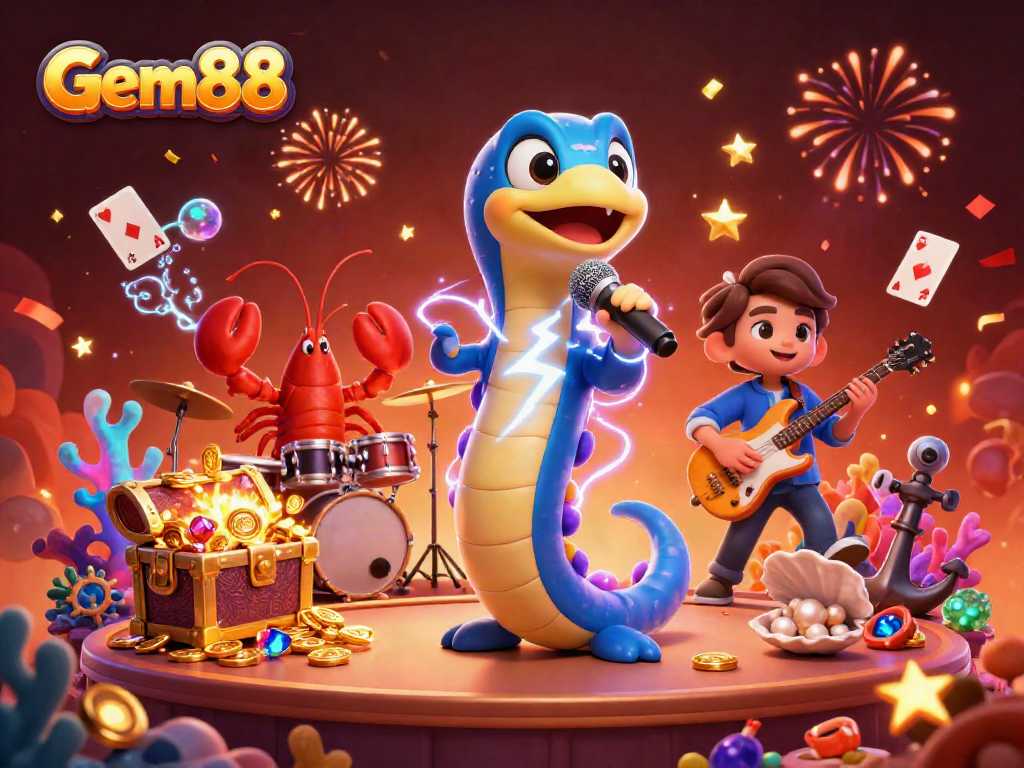 Experience vibrant action at Gem88 with a DJing electric eel, lobster drummer, and seahorse guitarist in a winning underwater casino.
