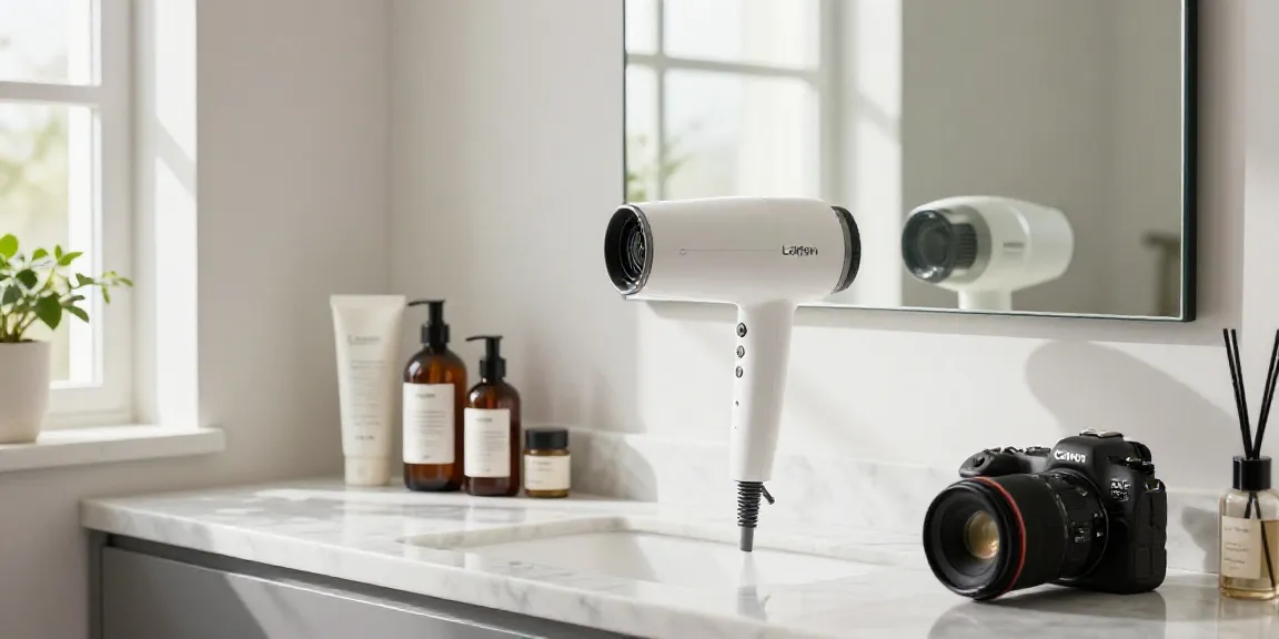 Eleganter Laifen Föhn auf einem Marmortisch mit Haarpflegeprodukten, natürliche Lichtquelle.