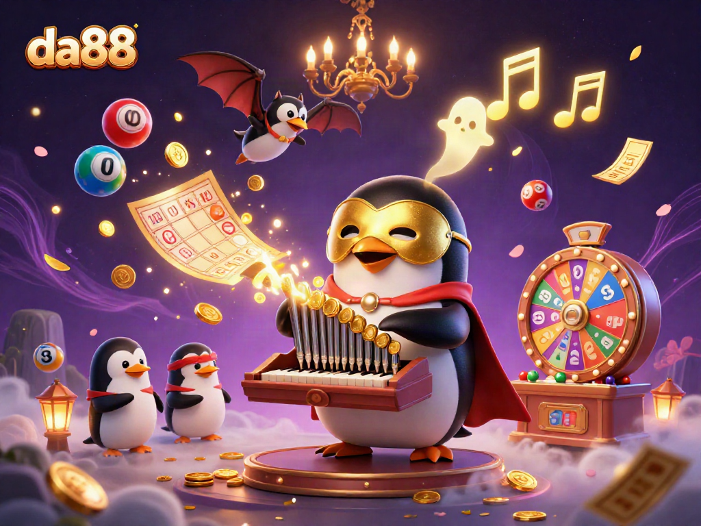 Experience the excitement of da88 with a vibrant scene featuring a penguin playing an organ amidst gleaming casino elements.