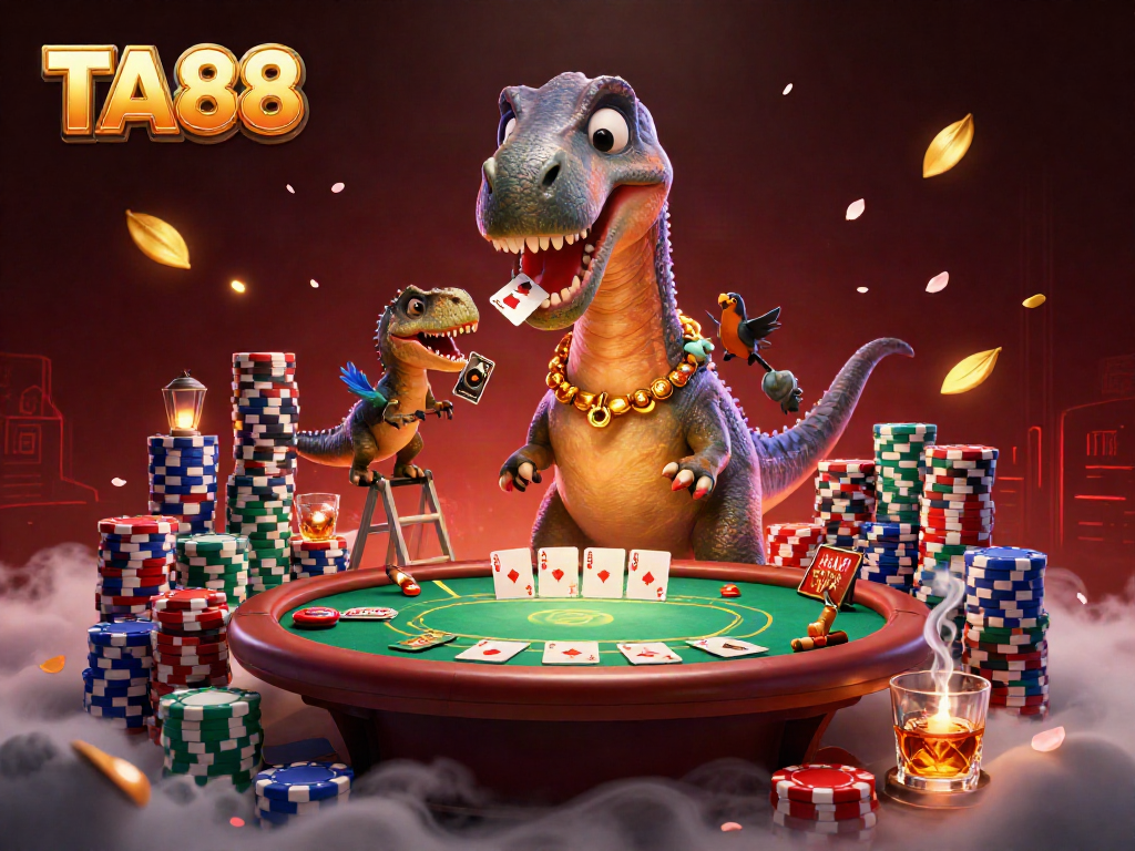 Experience thrilling gameplay at TA88 with a vibrant scene featuring dinosaurs and poker action.