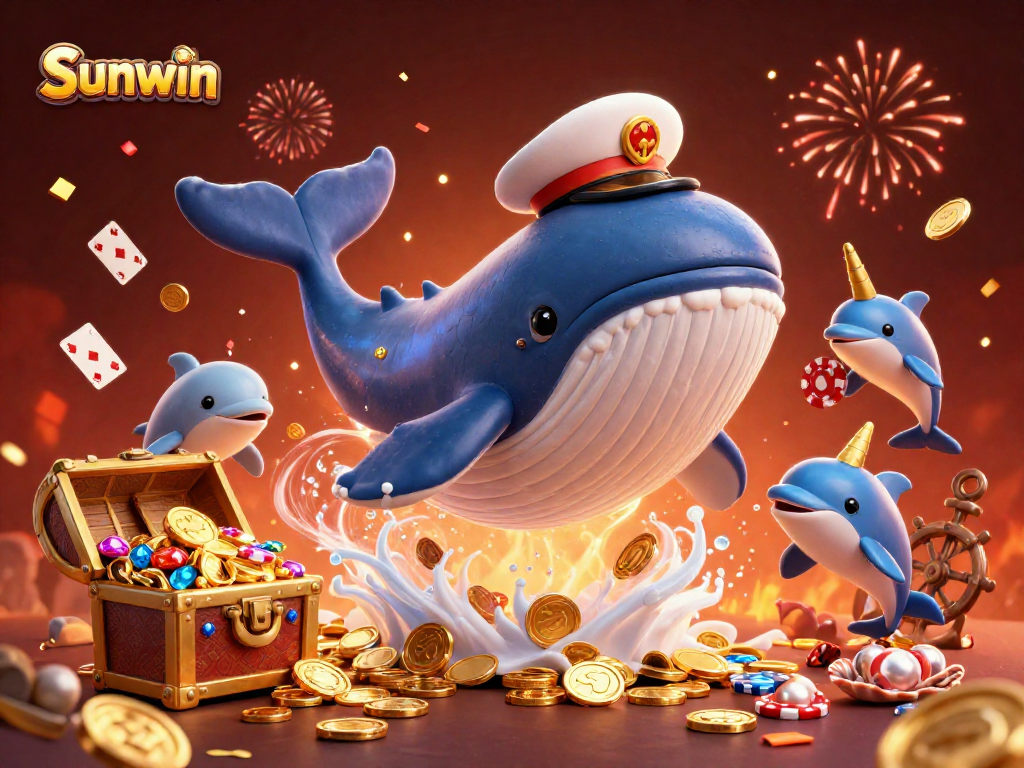 Join the adventure with Sunwin as playful dolphins and a whale celebrate amidst a treasure sea!