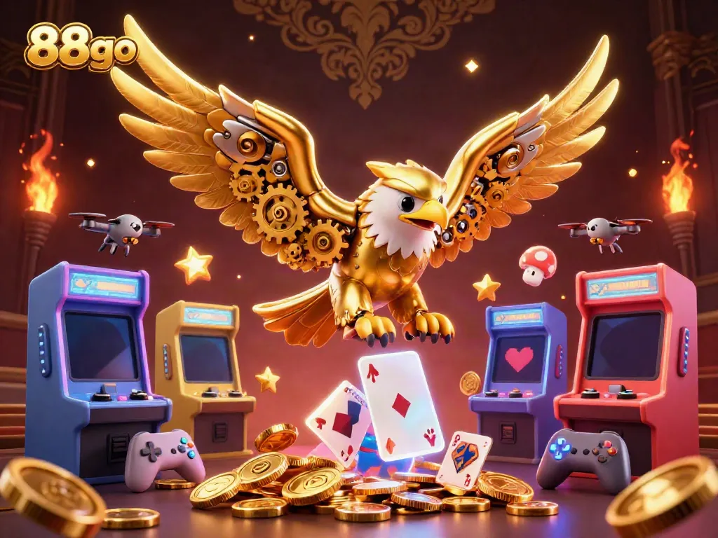 Engage with thrilling 88go casino adventures featuring cybernetic eagles amidst vibrant playing cards.
