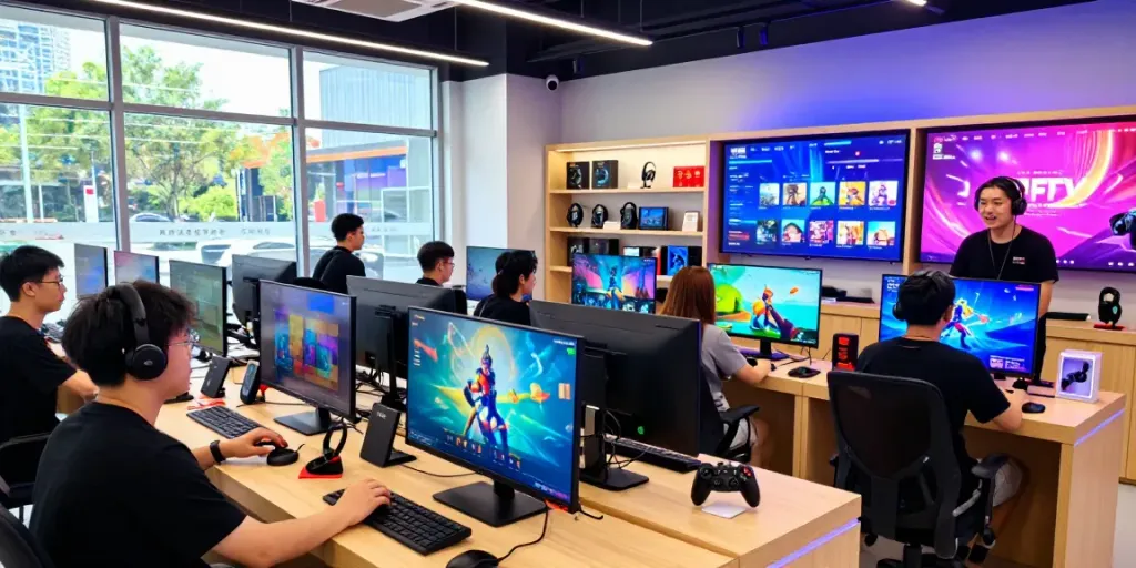 Engaged gamers exploring rokok88 merchandise in a vibrant retail environment.