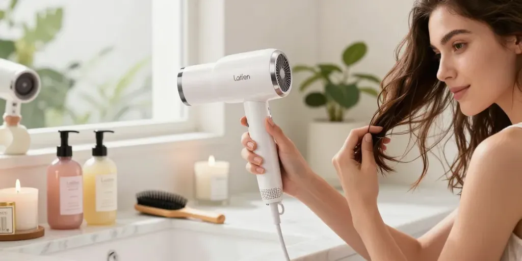 Die Laifen föhn wird in einem stilvollen Badezimmer zum Trocknen der Haare verwendet, umgeben von Haarpflegeprodukten und elegantem Dekor.