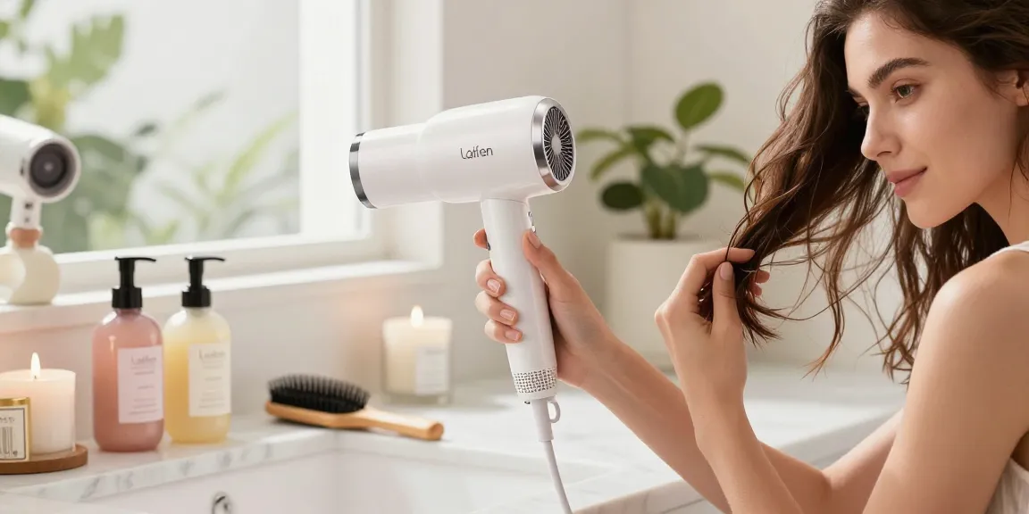 Die Laifen föhn wird in einem stilvollen Badezimmer zum Trocknen der Haare verwendet, umgeben von Haarpflegeprodukten und elegantem Dekor.