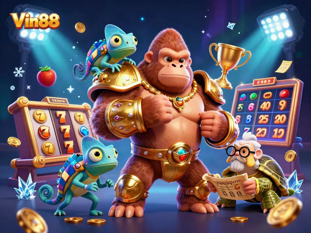 Win big at Vin88 with slot game characters surrounded by jackpot elements and dynamic action.