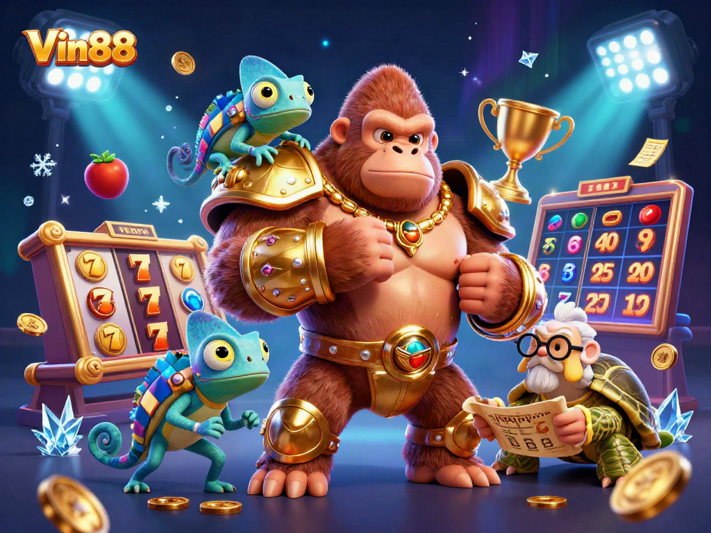 Win big at Vin88 with slot game characters surrounded by jackpot elements and dynamic action.