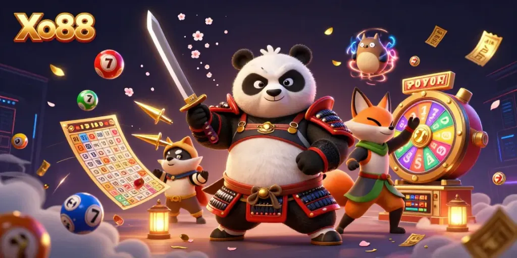 Xo88 features a samurai panda and ninja fox amidst vibrant casino elements like jackpot slots and lottery balls.