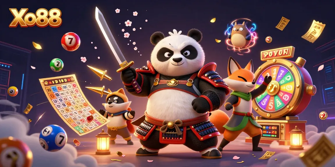 Xo88 features a samurai panda and ninja fox amidst vibrant casino elements like jackpot slots and lottery balls.