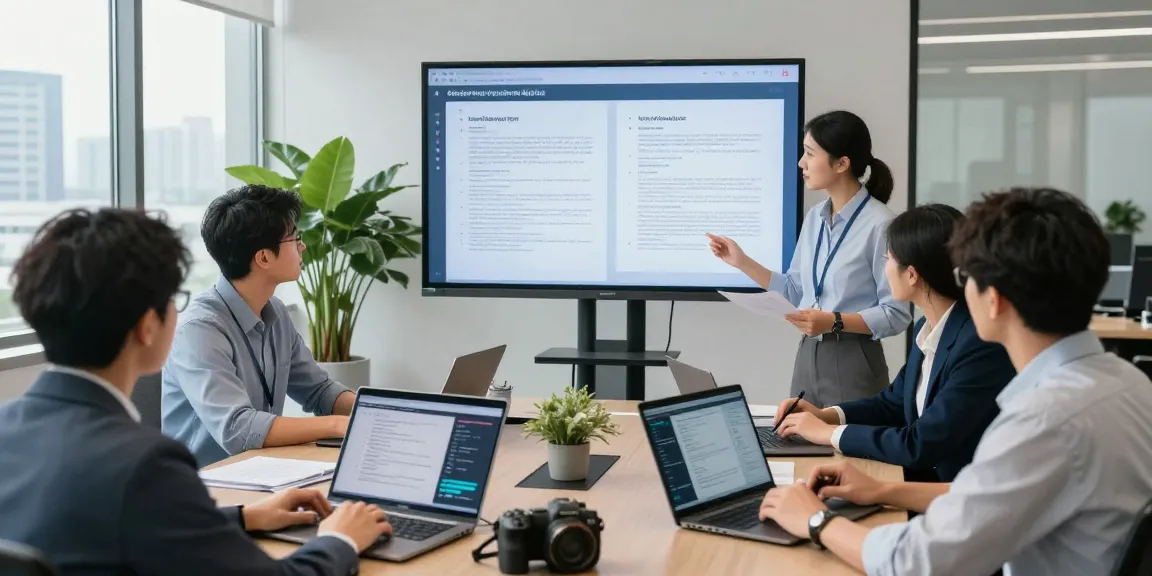 Professionals collaborating in an office on document fraud detection, analyzing digital reports and identity documents.