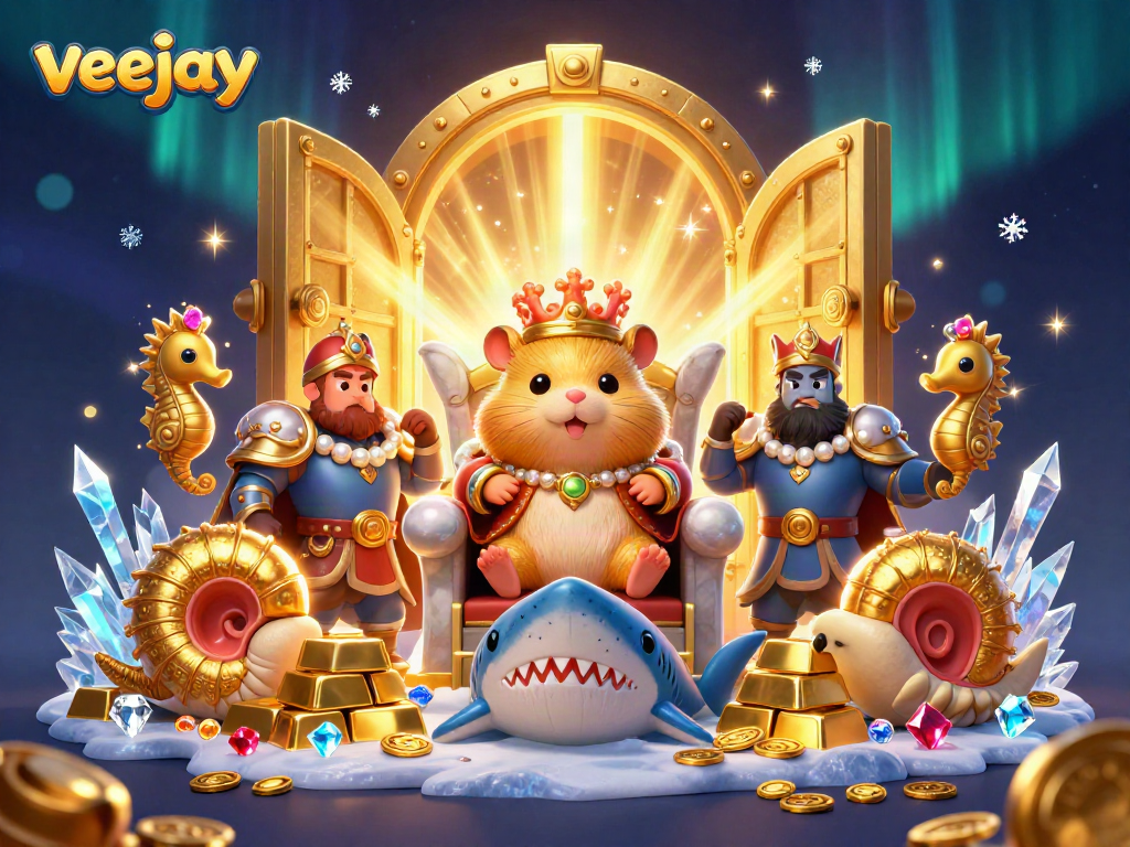 Veejay veranstaltet ein aufregendes Casinospiel mit einem König auf einem Haifischzahnthron.
