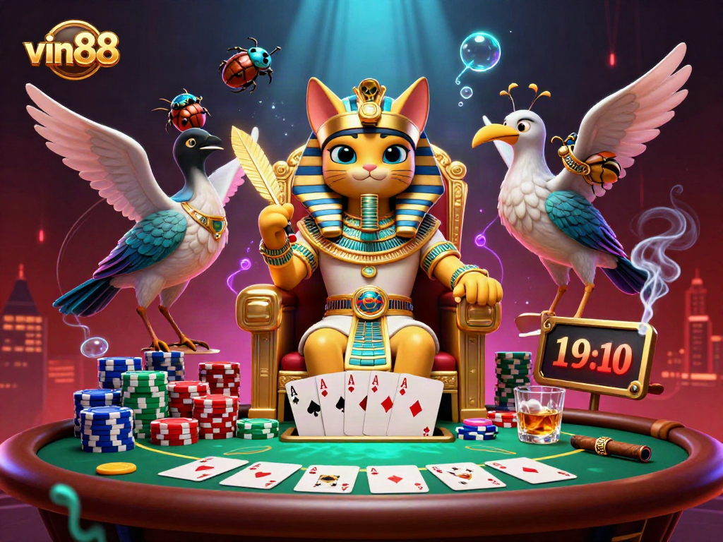 Experience thrilling gameplay at vin88 with an Egyptian pharaoh cat and poker elements in a vibrant casino scene.