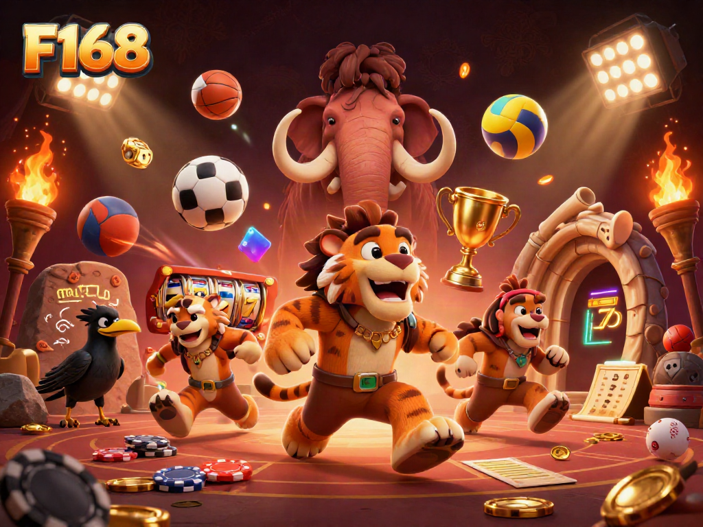 Catch the excitement at F168 with a 3D cartoon scene showing a prehistoric casino adventure filled with gaming elements.