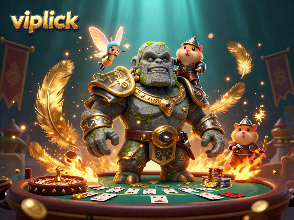 Experience the excitement of vipluck casino with a magical golem guardian and fairy companion.