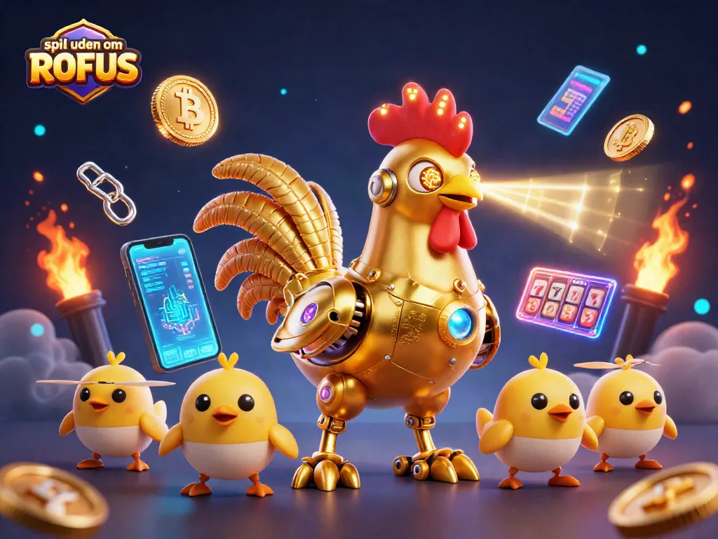Engage in spil uden om ROFUS with a dynamic 3D scene featuring a futuristic golden rooster robot and baby chick drones.
