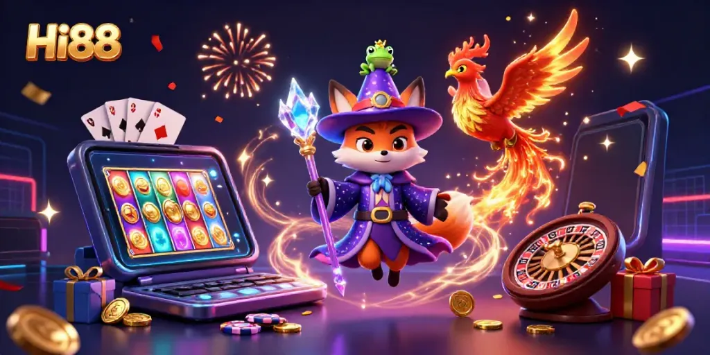 Gamblers engage with Hi88 as a mystical wizard fox floats beside a phoenix, surrounded by casino elements.