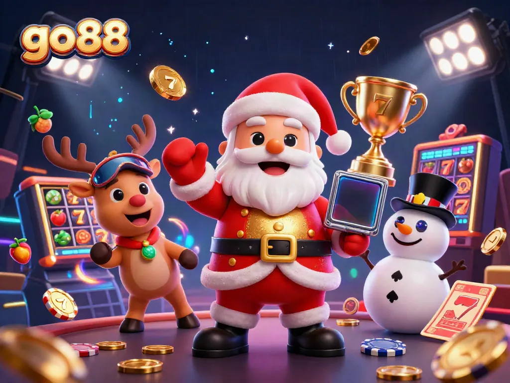 Experience thrilling slots action at go 88 with Santa Claus and a festive casino atmosphere.