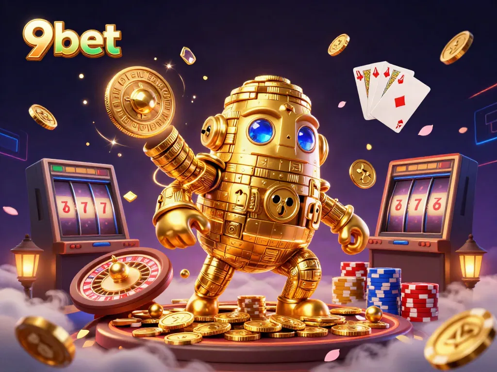 Engaging 3D illustration showcasing 9bet casino magic with golden golem and dynamic gaming elements.
