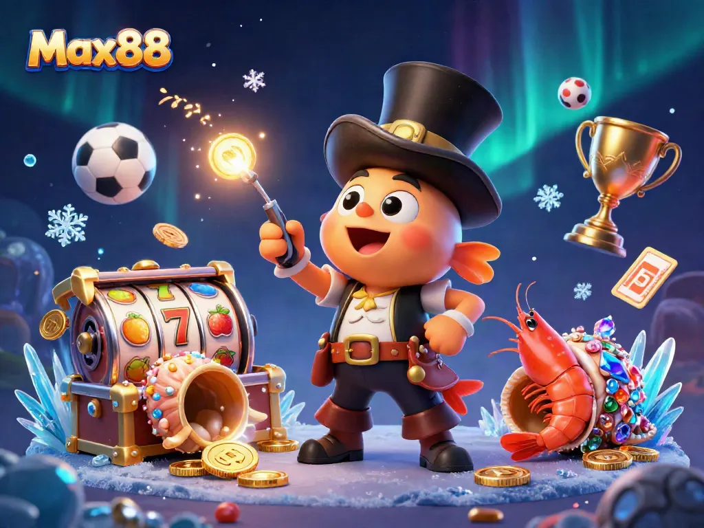 Max88's vibrant 3D casino illustration showcases an anglerfish attracting golden coins amid dynamic slot elements.