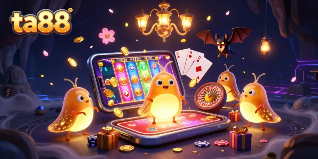 Experience fun at ta88 casino with glowworms illuminating a vibrant cave, showcasing games and excitement.
