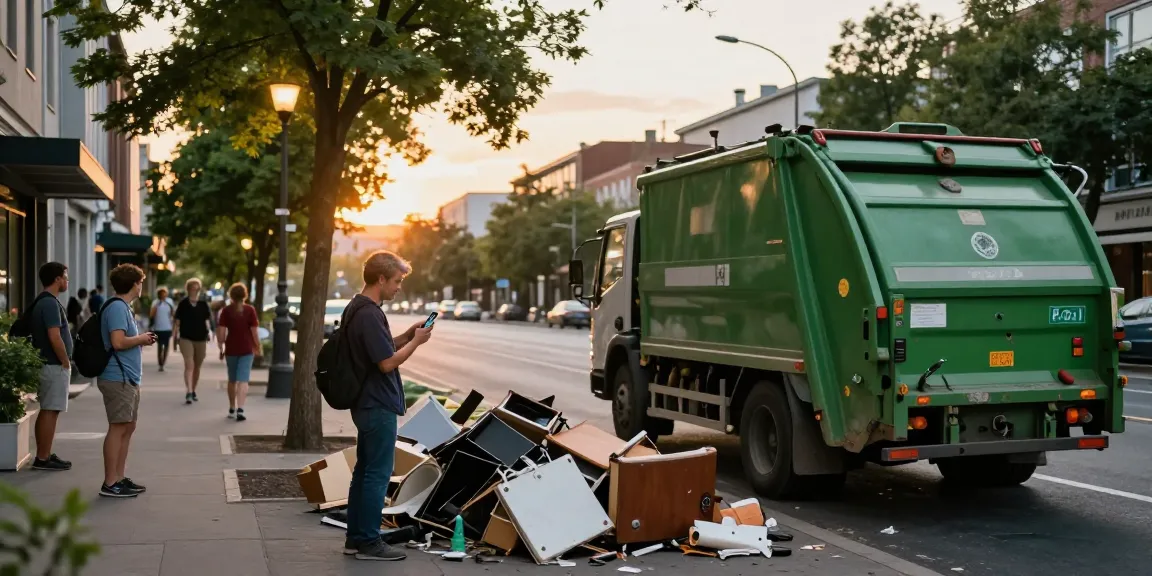 Sperrmüll Abholung Berlin - Nachbarn beobachten die Abholung von Sperrmüll auf der Straße mit einem Abholfahrzeug.