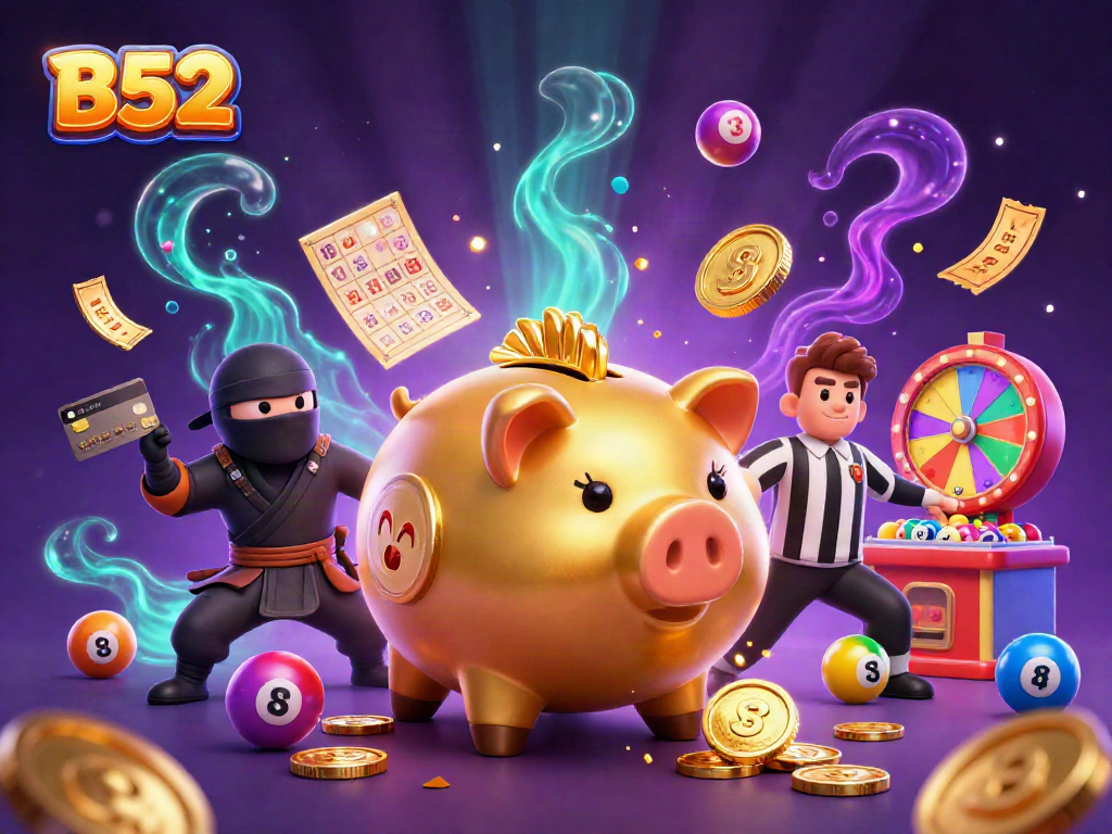 Engage in B52 gaming with an exciting illustration of a golden piggy bank sumo wrestler and dynamic casino elements