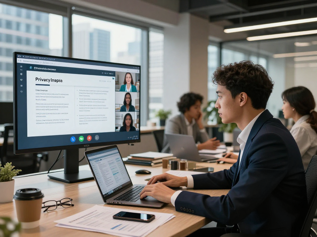 Startseite mit Datenschutzexperte in modernem Büro, der Dokumente prüft.