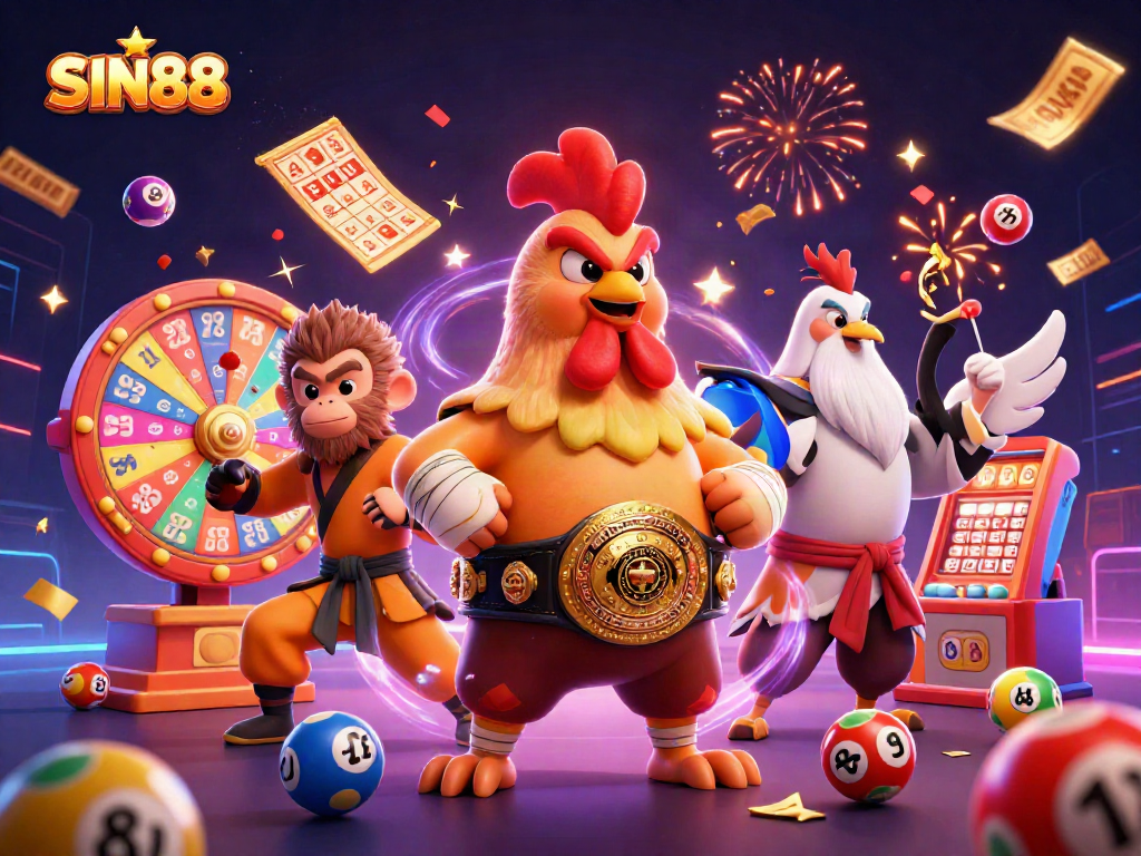 SIN88 showcases a lively cartoon scene with a Muay Thai rooster, Shaolin monkey, and wise crane among vibrant casino elements.