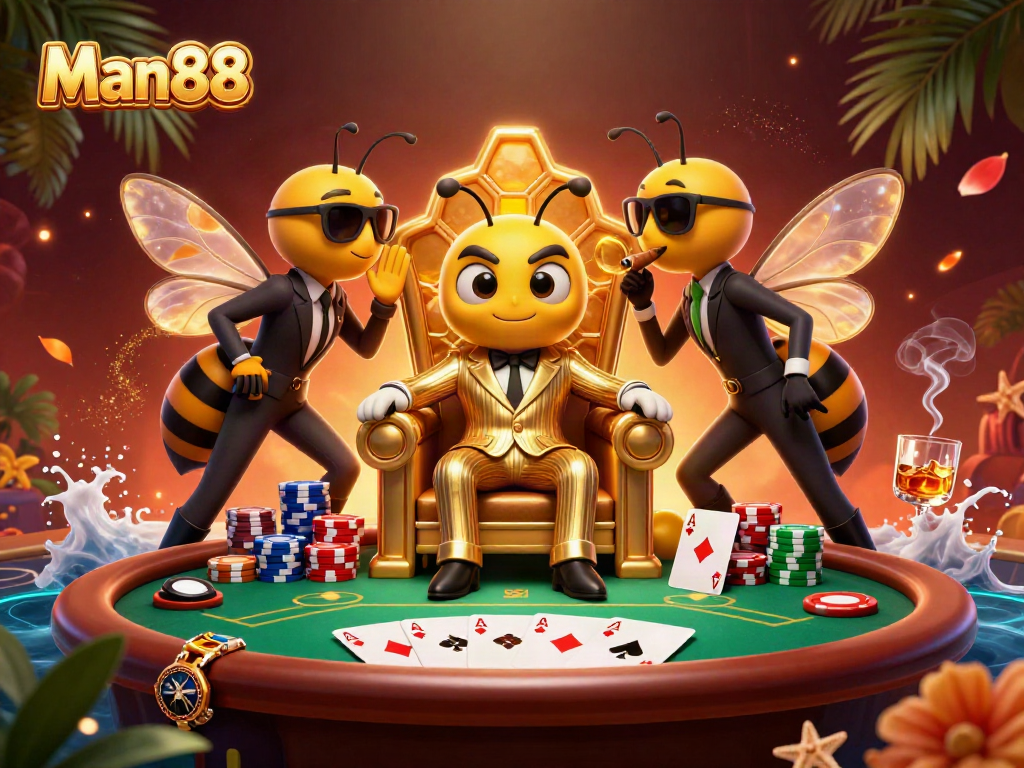Man88 highlights thrilling poker action with a bumblebee mob boss and dynamic game elements.