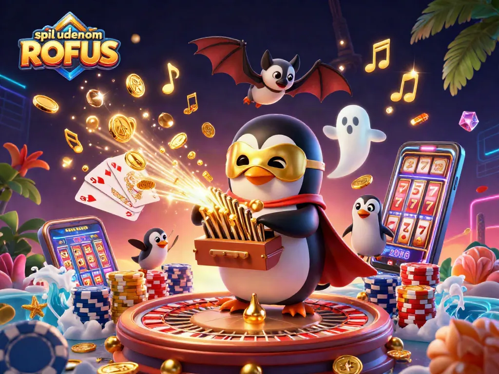 Engage in spil uden om ROFUS with a penguin organist, golden coins flying, and casino action!