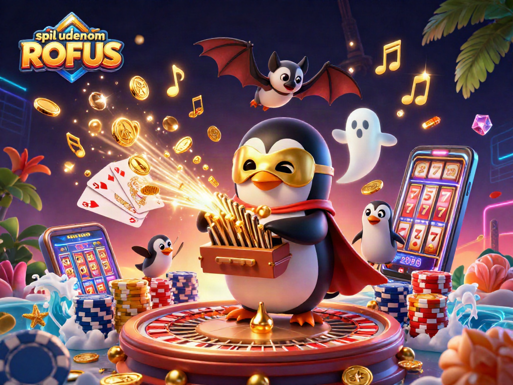 Engage in spil uden om ROFUS with a penguin organist, golden coins flying, and casino action!