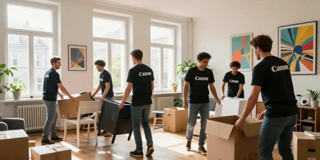 Professionelles Team bei der Wohnungsauflösung Berlin Kreuzberg, Möbel werden sorgfältig aus einer bunten Wohnung getragen.