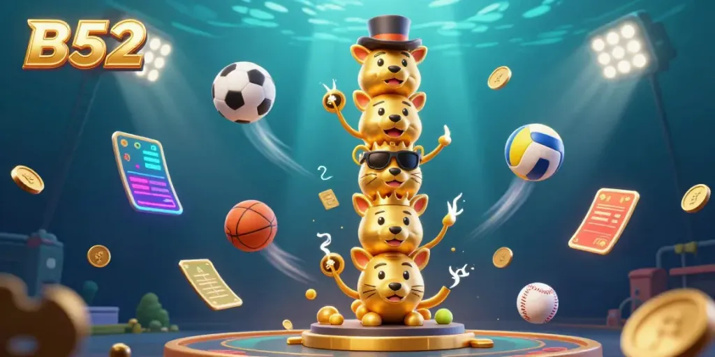 Experience the excitement of B52 gaming with dynamic sports elements and a vibrant totem pole in this colorful 3D illustration.
