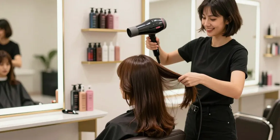 Ionen-Haartrockner wird in einem eleganten Beauty-Salon von einer Stylistin verwendet.
