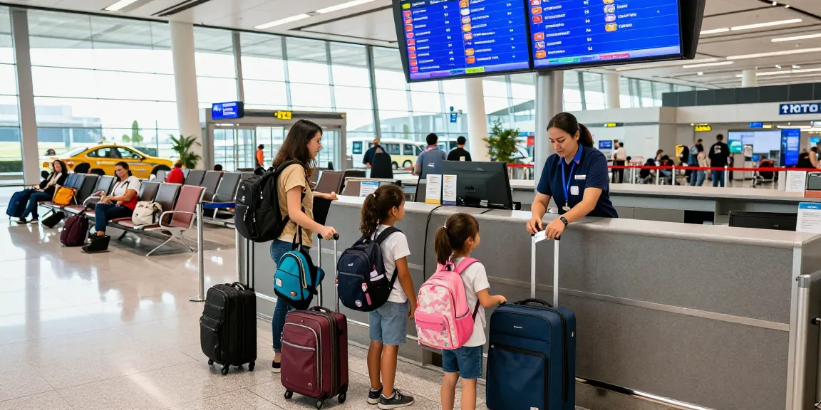 Airport transfer station bustling with families checking in and staff assisting at the terminal