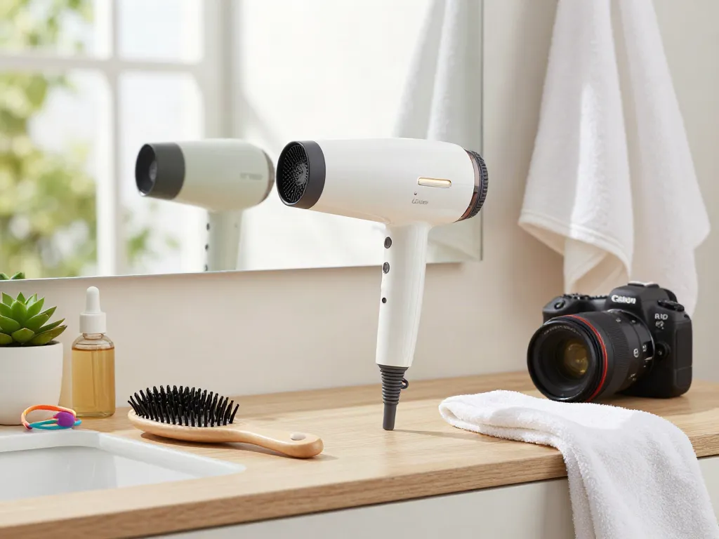 Stylish Laifen haartrockner on a modern bathroom vanity with beauty essentials.