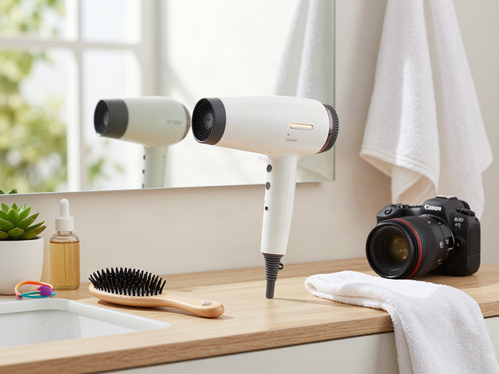 Stylish Laifen haartrockner on a modern bathroom vanity with beauty essentials.